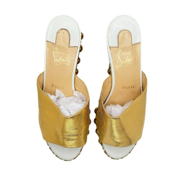 Christian Louboutin Janibasse Laminato Gold Lizard Embossed Mules Size 38 - Picture 5 of 8
